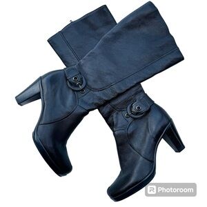 Clarks Black Leather Knee-high Buckle Detail Boots Size 1O NWOB